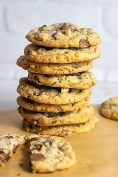 chocolate chip cookies stacked on top of each other