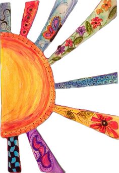 a drawing of a sun with many different colors and designs on the top of it