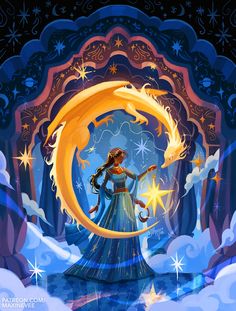 a woman in a blue dress holding a star and crescent with stars around her, surrounded by clouds