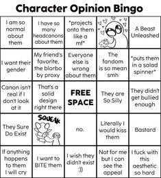 an image of a cartoon bingo game with the words'character opinion bingo '