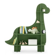 a green dinosaur shelf with books and toys