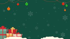 a green christmas background with presents and snowflakes