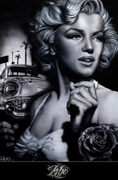 a drawing of a woman holding a rose next to a car