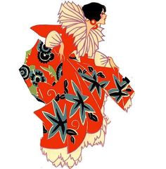 an illustration of a woman in a red kimono with black and white designs on it