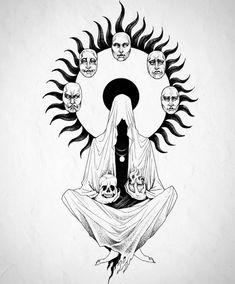 a black and white drawing of a woman surrounded by skulls on her head, in front of a sun