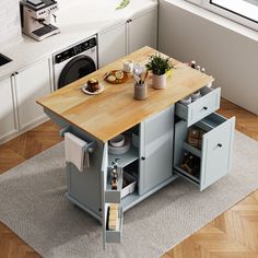 a kitchen island with two drawers and a cutting board