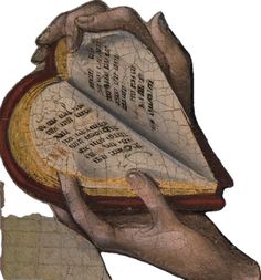 a painting of a hand holding an open book in it's left hand, with writing on the pages