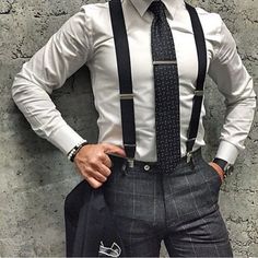 Classy Club Outfits, Wedding Suits Men Grey, Men Suits Blue, Grey Suspenders, Modern Gentleman