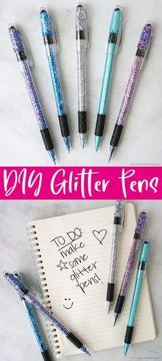 some pens are lined up on top of a notepad with the words, my glitter pen