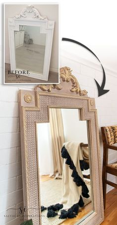 a mirror sitting on top of a wooden floor next to a chair