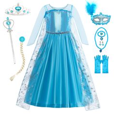 PRICES MAY VARY. 【11 Pcs Elsa Dress-Up Set】 Complete frozen dress-up set includes an adorable frozen blue princess dress with a long cape, braided extension headband, tiara, wand, necklace, clip earrings, bracelets, princess gloves, and party mask. 【Comfortable Style & Fit】Made from non-itchy and comfortable fabric, long cape with snowflakes and decorated with shiny sequins on the chest for an elegant look. Pullover style and an elastic band at the waist for easy wearing and perfect fit. 【Make D Frozen Dress Up, Princess Gloves, Elsa Frozen Costume, Blue Princess Dress, Dress Up Clothes, Frozen Blue, Girls Princess Dress, Baby Costumes Girl, Costume For Girls