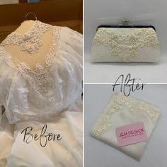 before and after photos of wedding gowns with lace on the boudoires