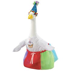 an inflatable duck wearing a birthday hat and colorful tutu skirt with a cupcake on it's head