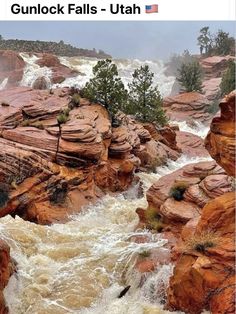 an image of a waterfall in the middle of some rocks and water with trees on it