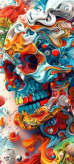 an abstract painting with many different colors and shapes on it's surface, including the skull