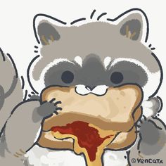 a raccoon eating pizza with it's face covered in cheese and sauce