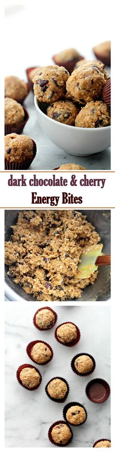 chocolate and cherry energy bites are shown in three different pictures, one is filled with muffins