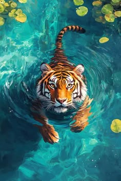 a painting of a tiger swimming in the water