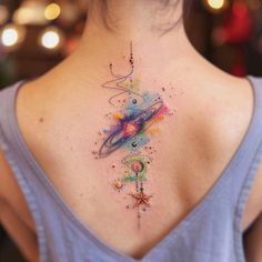 Innovative Spine Tattoo Layouts Feminine Tattoos Colorful, Colorful Spine Tattoo, Small Watercolor Tattoo, Planet Tattoos, Sharpie Tattoos, Tattoo Henna, Healing Tattoo, Tatuaje A Color, Elephant Tattoo