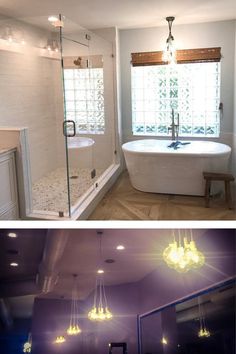 two pictures of a bathroom with lights on the ceiling