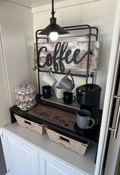 the coffee bar is organized and ready to be used as an office space for work