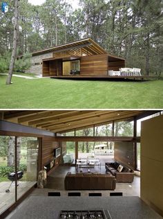 two pictures showing the inside and outside of a house with wood sidings on it