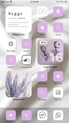 an iphone screen with icons on it and the text hygge in purple