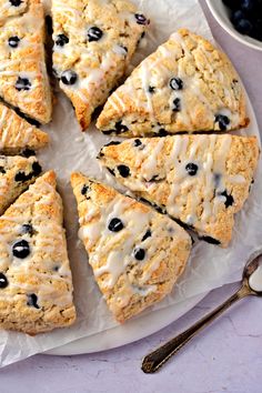 blueberry scones are arranged on a white plate