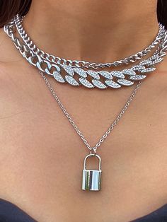 Silver    Aluminum Alloy  Layer Sets,Chain Necklaces Embellished   Jewelry Lock Charm Necklace, Texture Metal, Grunge Jewelry, Edgy Jewelry, Lock Necklace, Jewelry Accessories Ideas, Girly Accessories, Chain Necklaces