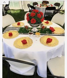 the table is set with plates and place settings