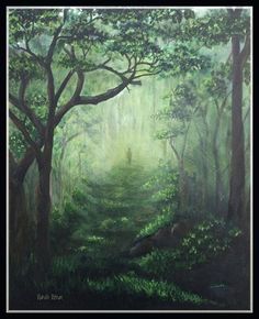 an oil painting of a forest scene with trees