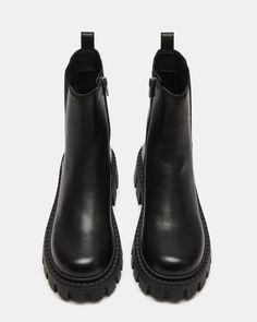 CHARGES Black Leather Platform Bootie | Women's Booties – Steve Madden Steve Madden, Women's Booties, Steve Madden Store, Apparel Merchandising, Leather Chelsea Boots, Chelsea Boot, Lug Sole, Bootie, Chelsea Boots