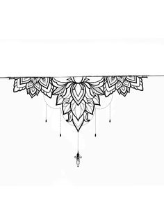 a black and white drawing of an ornamental design with beads hanging from it's sides