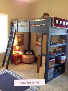 a child's bedroom with bunk beds and toys on the floor, including a rug