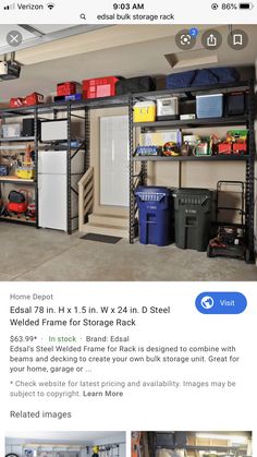 an image of a garage with various items on the shelves and below it, there is a