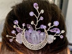 This silver and purple Quartz moon goddess hair comb is handmade by me, Amber! Each comb is made to order and specially crafted just for you! With that being said, some materials may vary slightly depending on what is available when you order, but that is how you know you are getting something truly unique! Galadriel Outfit, Goddess Hair, Elf Ear Cuff, Fairy Ears, Moon Dress, Goddess Hairstyles, Purple Quartz, Head Chain