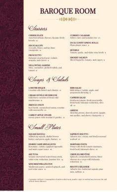 a menu for a barque room