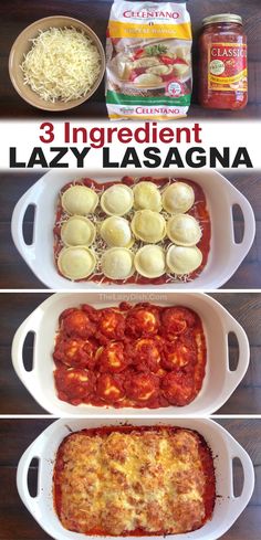 three different types of lasagna in white casserole dishes with text overlay