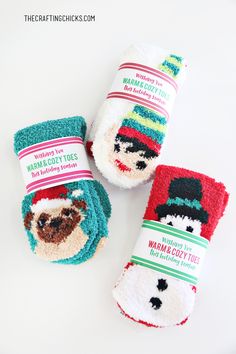 three handmade christmas socks are shown on a white surface with text that reads, the crafting chicks