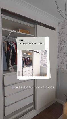 an open wardrobe with clothes hanging on it