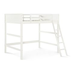 a white bunk bed with a ladder on the top and bottom side, against a white background