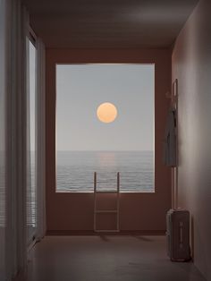 the sun is setting over the ocean from an empty room with a ladder leading to it