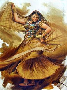 a painting of a woman dancing with her hair blowing in the wind and wearing an elaborate dress