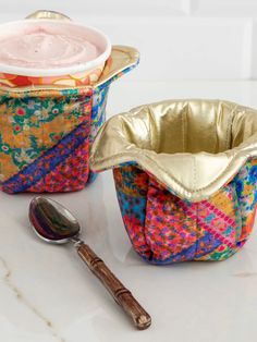 Ice Cream Cozy - Pink Folk Flower Patchwork-view 1 Fun Ice Cream, Flower Patchwork, Ice Cream Cozy, Ice Cream Gift, Pint Of Ice Cream, Garden Court, Ice Cream Tubs, Bowl Holder, Fabric Bowls