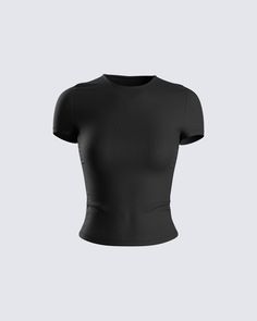 Chell Black Jersey Top Fitted Black Elastane T-shirt, Black High Stretch Crew Neck T-shirt, High Stretch Elastane Crew Neck Tops, Fitted Black Scoop Neck Top, Black Crew Neck Top For Night Out, Black Crew Neck Top With Minimal Stretch, Sleek Black Bodycon Tops, Sleek Crew Neck Top With Minimal Stretch, Black High Stretch Scoop Neck Top