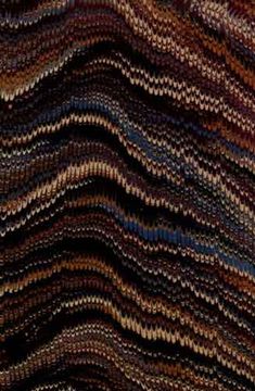 an area rug with wavy lines in brown, blue and black colors on the ground