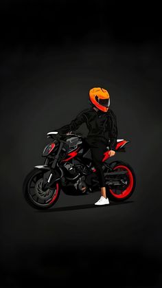 a man riding on the back of a red and black motorbike in the dark