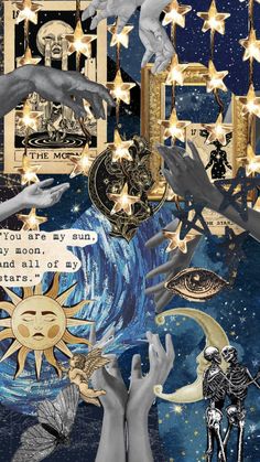 two hands reaching for stars in front of a collage of images and words on paper