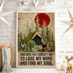 camping and they shall't sweat in the wilderness poster on a wall next to a potted plant