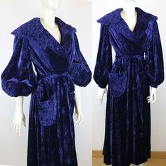 1940s Vintage Rich Velvet Dressing Gown Origin: Italy Brand: Frine Trapunto details, Bishop sleeves, Fully lined Size: IT4 Fits like: L Measurements: Shoulder to shoulder 44cm/14,3" Length 138cm/54,3" Condition: Very Good, the velvet is a bit crushed from washes (seen on photos) THIS ITEM IS SENT WITH TRACKED SHIPPING (no need to upgrade in the cart) Fitted Vintage Robe For Daywear, Blue Vintage Dress For Costume, Blue Vintage Costume Dress, Fancy Robes, Velvet Dressing Gown, 20th Century Women, Quilted Velvet, Bishop Sleeve, Womens Robes